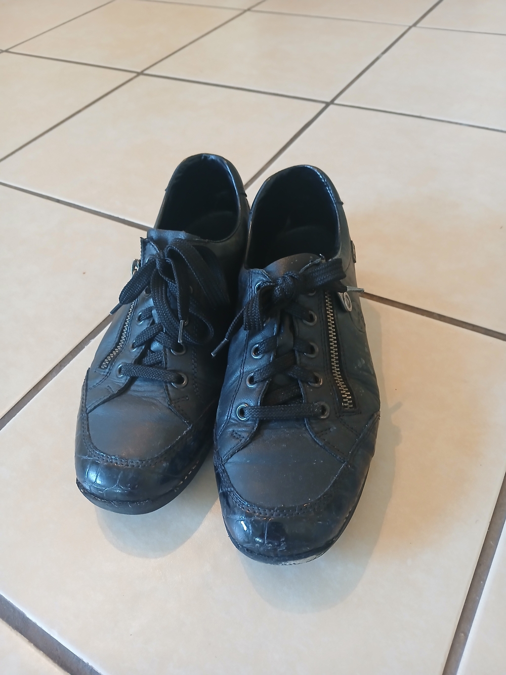 Black Leather Lace-Up Sneakers with Side Zipper